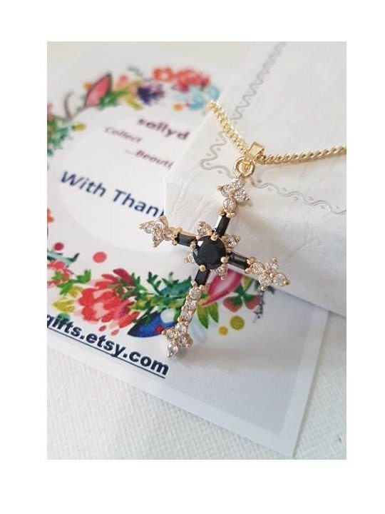 Black Crystal Gold Cross,Jet Black Cz Cross Pendant,Gold Filled Crystal Cross Necklace,Ladies Retro and Vintage Look Gold Cross Jewelry