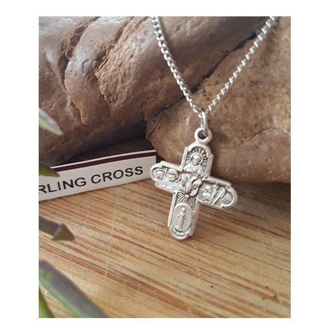4 Way Cross Medal,Sterling Silver Cross Pendant,Catholic Four Way Medallion,St Christopher Cross,St Joseph ,Sacred Heart Medal.Holy Spirit