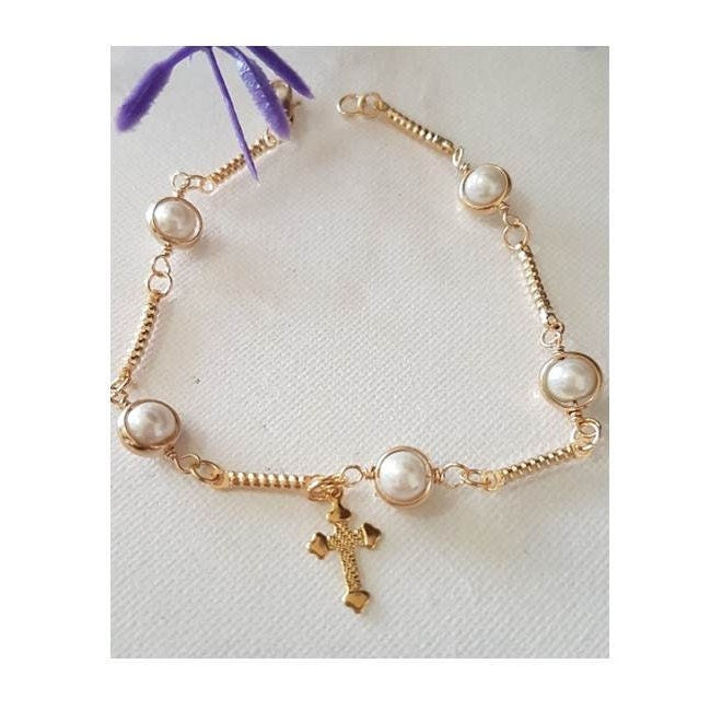 Gold Filled Pearl Bracelet with Cross,Girls Gold Bracelet, 18K Gold Filled Jewelry,First Communion Gifts,Confirmation ,Trendy Pearl Jewelry