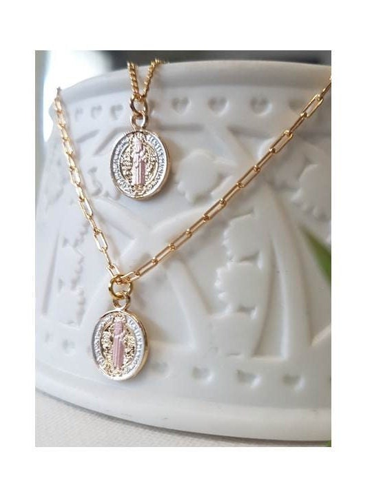 Mini St Benedict Pendant,Gold Filled Small St Benedict Necklace,Tritone 18K Gold Filled Medal,Kids and Ladies dainty Coin Necklace,Gold Coin