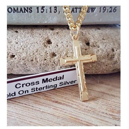 Gold Sterling Silver Cross Medal, Classy Gold Cross Pendant,  Men Cross Necklace, Confirmation and Graduation Jewelry, Big Cross Pendant