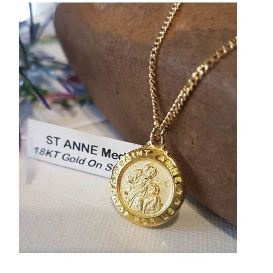 St Anne Gold On Silver Medal,18KT Gold and Sterling Saint Anne Pendant,Patron Saint for Expectant Mothers,Jesus Grandmother,Fertility Medal