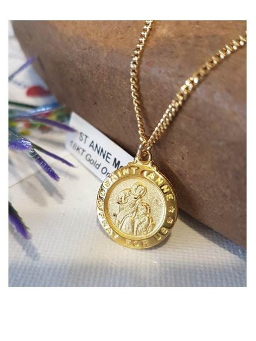 St Anne Gold On Silver Medal,18KT Gold and Sterling Saint Anne Pendant,Patron Saint for Expectant Mothers,Jesus Grandmother,Fertility Medal