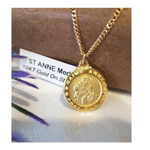 St Anne Gold On Silver Medal,18KT Gold and Sterling Saint Anne Pendant,Patron Saint for Expectant Mothers,Jesus Grandmother,Fertility Medal