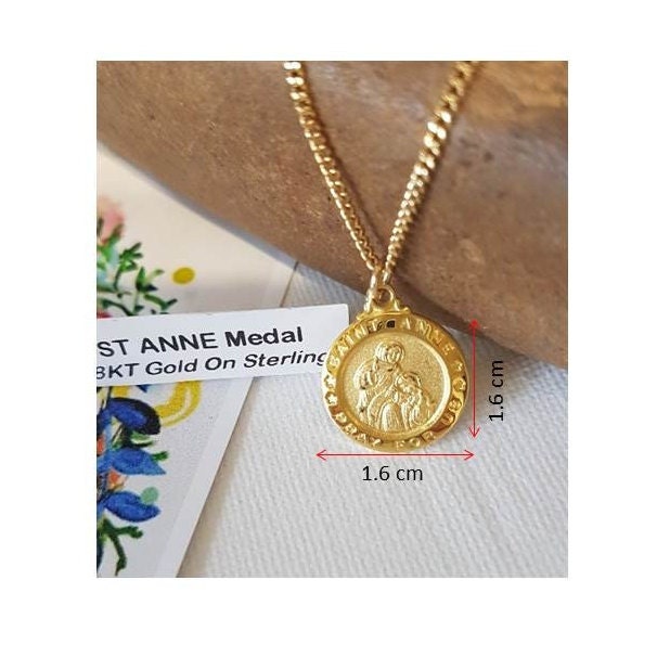 St Anne Gold On Silver Medal,18KT Gold and Sterling Saint Anne Pendant,Patron Saint for Expectant Mothers,Jesus Grandmother,Fertility Medal
