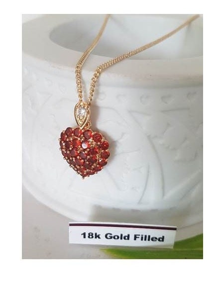 Garnet Pendant, Red Heart Necklace, CZ Stone Crystal Pendant, Heart and Love Medal, Sacred Heart , Protection Gift, Gold Filled Heart Medal