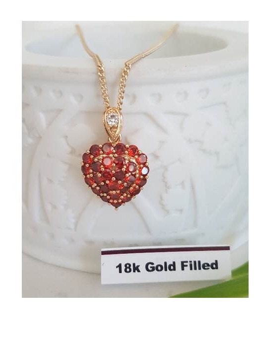 Garnet Pendant, Red Heart Necklace, CZ Stone Crystal Pendant, Heart and Love Medal, Sacred Heart , Protection Gift, Gold Filled Heart Medal
