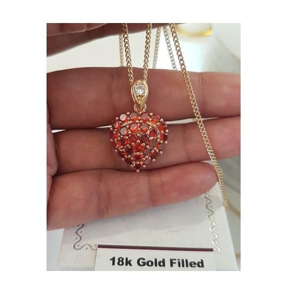 Garnet Pendant, Red Heart Necklace, CZ Stone Crystal Pendant, Heart and Love Medal, Sacred Heart , Protection Gift, Gold Filled Heart Medal