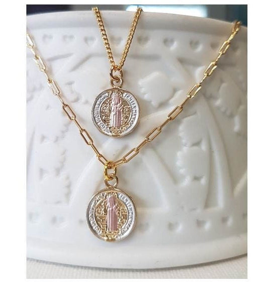 Mini St Benedict Pendant,Gold Filled Small St Benedict Necklace,Tritone 18K Gold Filled Medal,Kids and Ladies dainty Coin Necklace,Gold Coin
