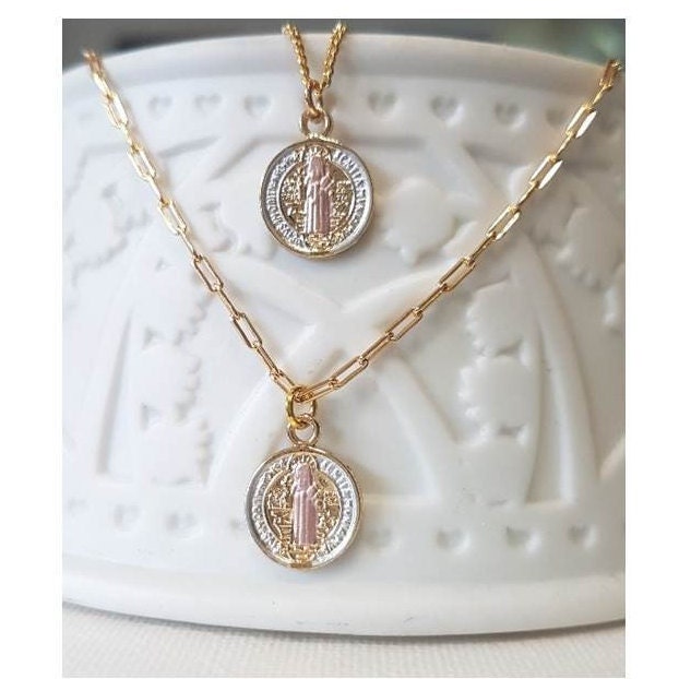Mini St Benedict Pendant,Gold Filled Small St Benedict Necklace,Tritone 18K Gold Filled Medal,Kids and Ladies dainty Coin Necklace,Gold Coin