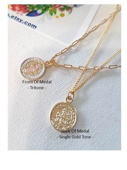 Mini St Benedict Pendant,Gold Filled Small St Benedict Necklace,Tritone 18K Gold Filled Medal,Kids and Ladies dainty Coin Necklace,Gold Coin