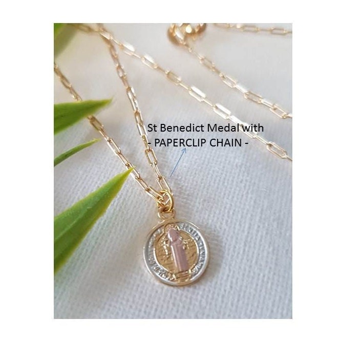 Mini St Benedict Pendant,Gold Filled Small St Benedict Necklace,Tritone 18K Gold Filled Medal,Kids and Ladies dainty Coin Necklace,Gold Coin