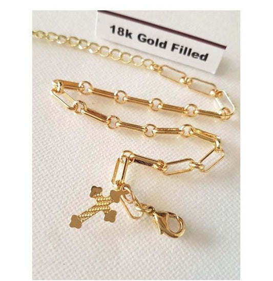 Gold Filled Link Bracelet,18K Gold Filled paperclip Bracelet,New trendy link bracelet with Cross,Cute Ladies and Girls Religious Bracelet