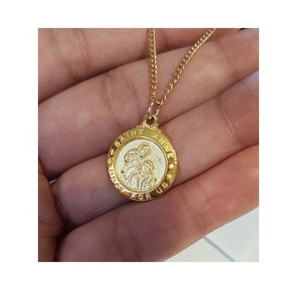 St Anne Gold On Silver Medal,18KT Gold and Sterling Saint Anne Pendant,Patron Saint for Expectant Mothers,Jesus Grandmother,Fertility Medal