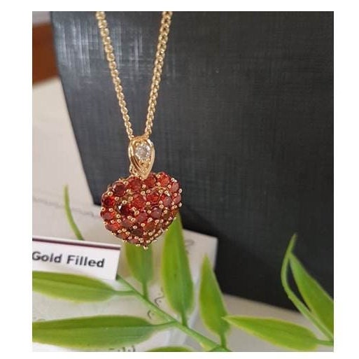 Garnet Pendant, Red Heart Necklace, CZ Stone Crystal Pendant, Heart and Love Medal, Sacred Heart , Protection Gift, Gold Filled Heart Medal