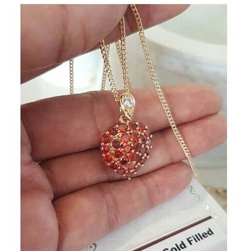 Garnet Pendant, Red Heart Necklace, CZ Stone Crystal Pendant, Heart and Love Medal, Sacred Heart , Protection Gift, Gold Filled Heart Medal
