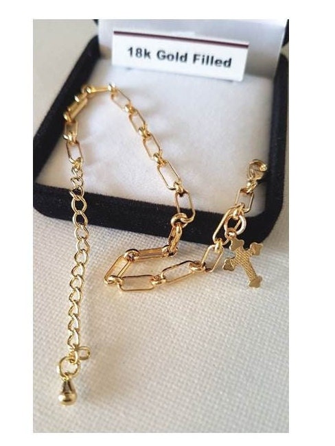 Gold Filled Link Bracelet,18K Gold Filled paperclip Bracelet,New trendy link bracelet with Cross,Cute Ladies and Girls Religious Bracelet