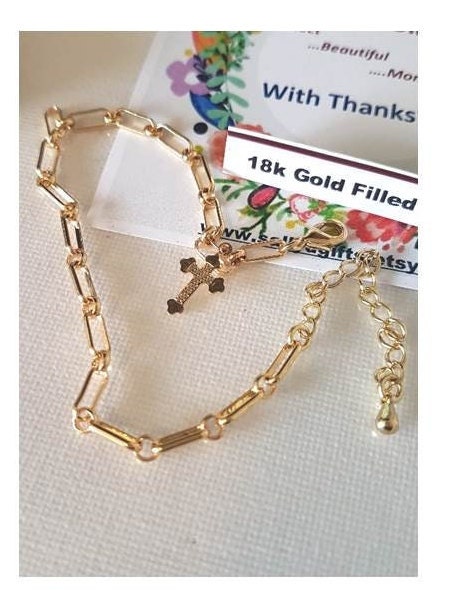 Gold Filled Link Bracelet,18K Gold Filled paperclip Bracelet,New trendy link bracelet with Cross,Cute Ladies and Girls Religious Bracelet