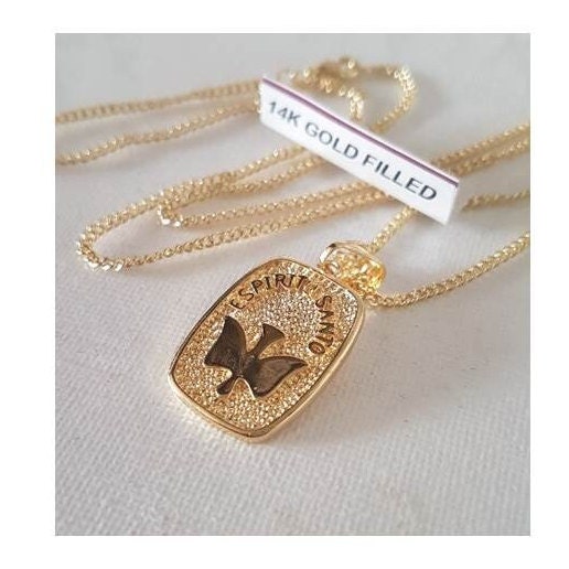 Holy Spirit Gold Filled Pendant,Chunky Religious Necklace,Mens Holy Spirit Chain,Espiritu Santo Medal,Blessings Necklace for adult,RCIA Gift