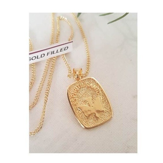 Holy Spirit Gold Filled Pendant,Chunky Religious Necklace,Mens Holy Spirit Chain,Espiritu Santo Medal,Blessings Necklace for adult,RCIA Gift