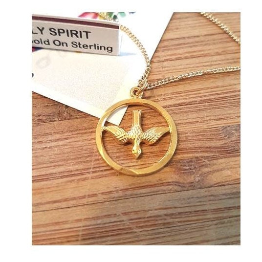 Holy Spirit Necklace,Gold Plated On Sterling Silver Confirmation Medal,18KT Gold plated Cut Out Coin Pendant,Christian and Catholic Gifts