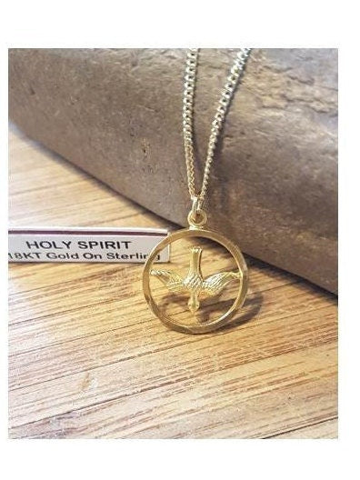 Holy Spirit Necklace,Gold Plated On Sterling Silver Confirmation Medal,18KT Gold plated Cut Out Coin Pendant,Christian and Catholic Gifts