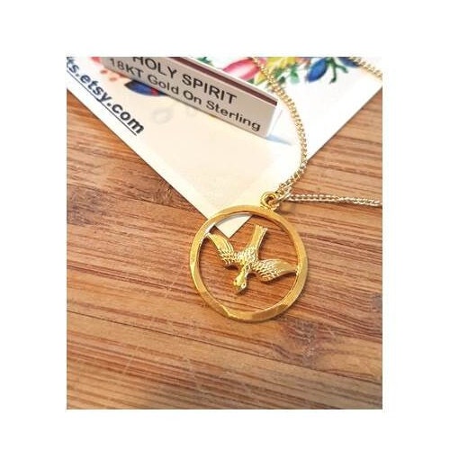 Holy Spirit Necklace,Gold Plated On Sterling Silver Confirmation Medal,18KT Gold plated Cut Out Coin Pendant,Christian and Catholic Gifts