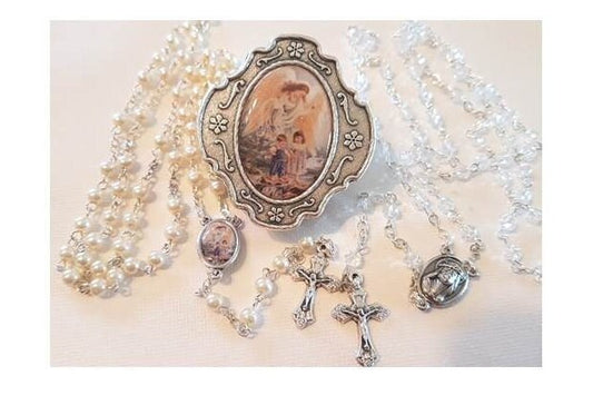 Children's Guardian Angel Rosary, Baptism Rosary for Boy,Baby Girl Baptism Pearl Rosary, Guardian Angel Pewter Box, Choose Rosary Colour