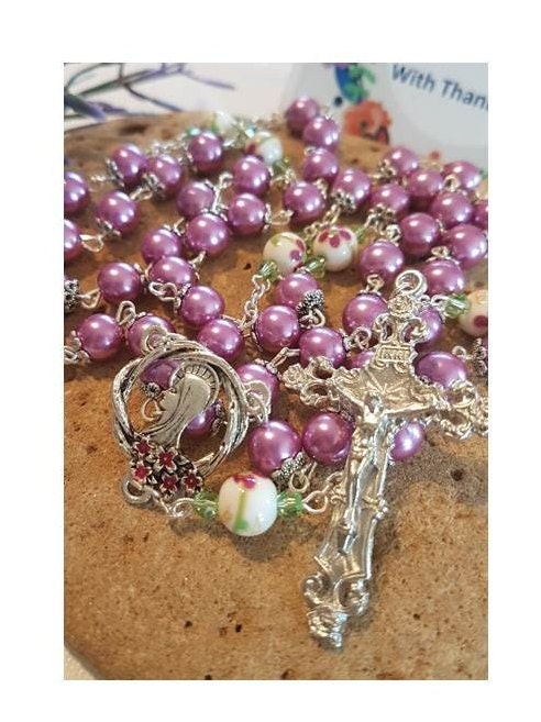 Purple Pearl Rosary,Ceramic Floral Beads Rosary,Deluxe Centrepiece and Crucifix Prayer Beads,Mothers Day Rosary,Madonna with Flowers