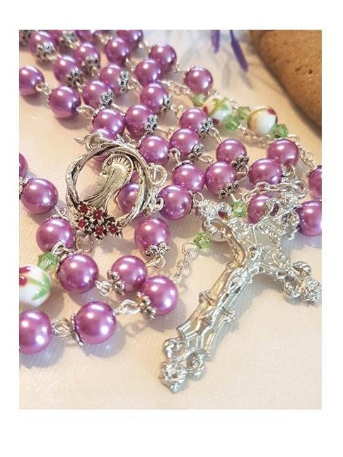 Purple Pearl Rosary,Ceramic Floral Beads Rosary,Deluxe Centrepiece and Crucifix Prayer Beads,Mothers Day Rosary,Madonna with Flowers