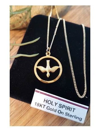 Holy Spirit Necklace,Gold Plated On Sterling Silver Confirmation Medal,18KT Gold plated Cut Out Coin Pendant,Christian and Catholic Gifts