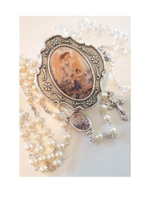 Children's Guardian Angel Rosary, Baptism Rosary for Boy,Baby Girl Baptism Pearl Rosary, Guardian Angel Pewter Box, Choose Rosary Colour