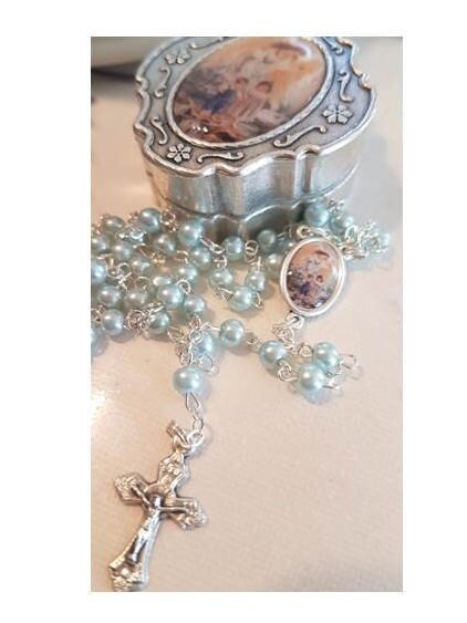 Children's Guardian Angel Rosary, Baptism Rosary for Boy,Baby Girl Baptism Pearl Rosary, Guardian Angel Pewter Box, Choose Rosary Colour