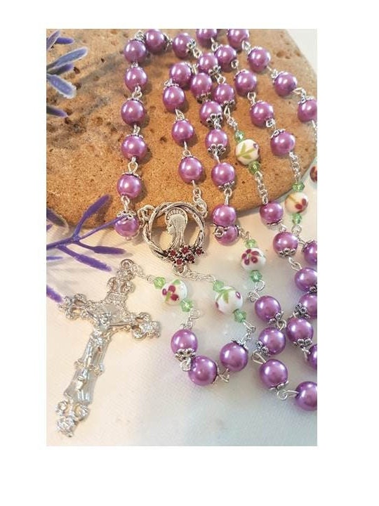 Purple Pearl Rosary,Ceramic Floral Beads Rosary,Deluxe Centrepiece and Crucifix Prayer Beads,Mothers Day Rosary,Madonna with Flowers