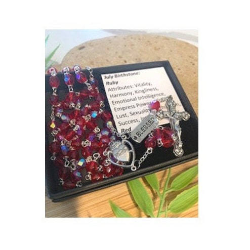 Ruby Birthstone Rosary, July Birthstone Rosary In Red Ruby with Birthstone Attributes Tag & How to Pray the Rosary Booklet Set, Sacred Heart