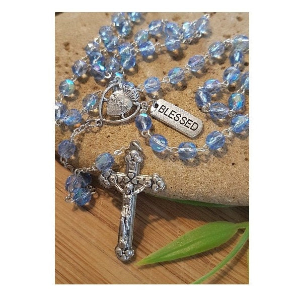 December Birthstone Rosary, Zircon Prayer Beads, Marine Blue Rosary with Birthstone Quality and How to Pray the Rosary Booklet Set, Birthday