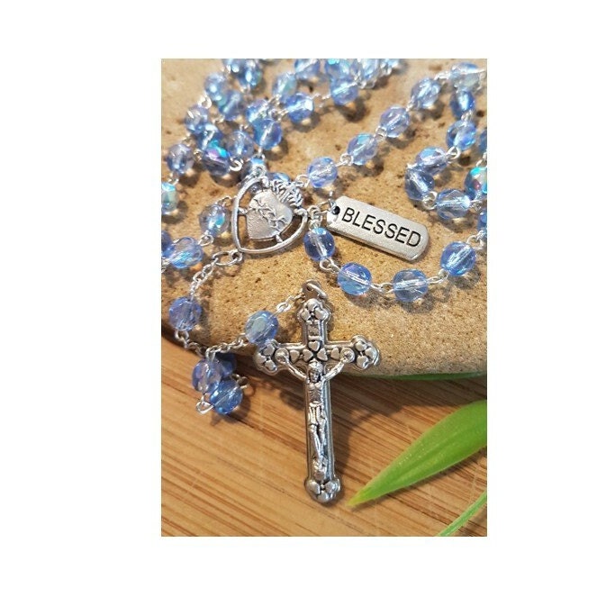 December Birthstone Rosary, Zircon Prayer Beads, Marine Blue Rosary with Birthstone Quality and How to Pray the Rosary Booklet Set, Birthday
