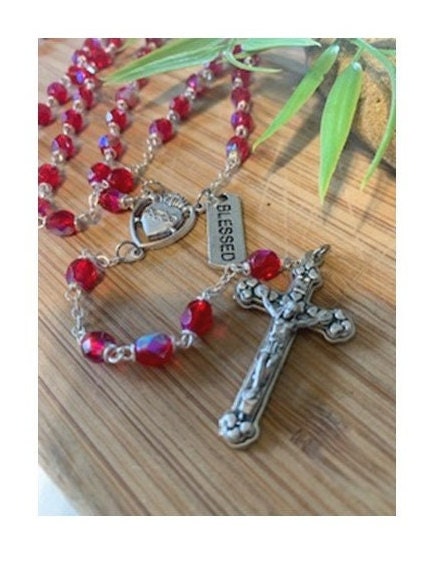 Ruby Birthstone Rosary, July Birthstone Rosary In Red Ruby with Birthstone Attributes Tag & How to Pray the Rosary Booklet Set, Sacred Heart