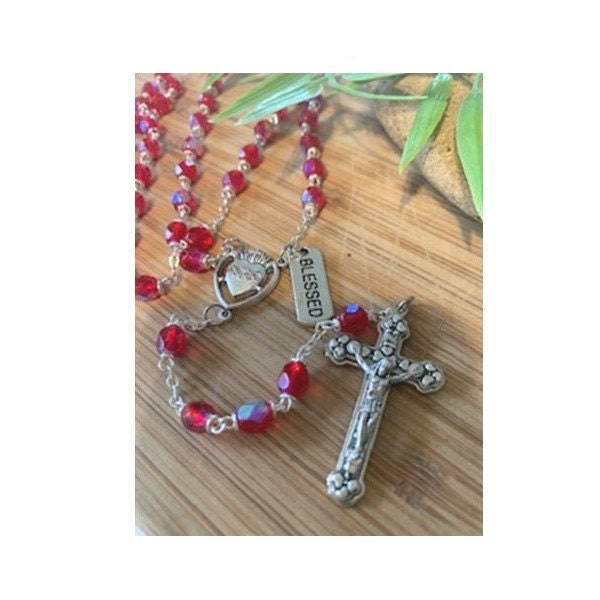 Ruby Birthstone Rosary, July Birthstone Rosary In Red Ruby with Birthstone Attributes Tag & How to Pray the Rosary Booklet Set, Sacred Heart