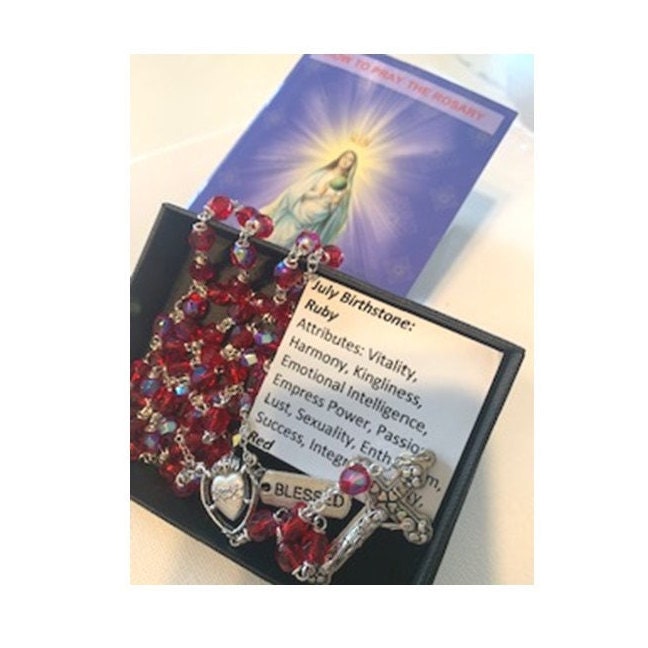 Ruby Birthstone Rosary, July Birthstone Rosary In Red Ruby with Birthstone Attributes Tag & How to Pray the Rosary Booklet Set, Sacred Heart