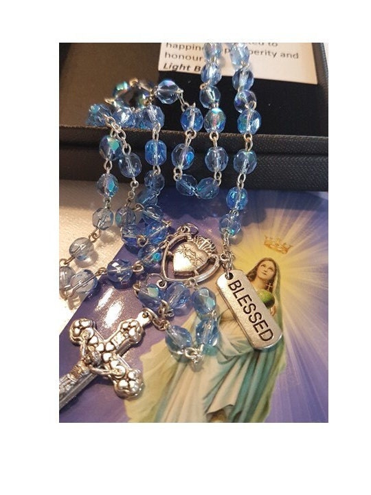 December Birthstone Rosary, Zircon Prayer Beads, Marine Blue Rosary with Birthstone Quality and How to Pray the Rosary Booklet Set, Birthday
