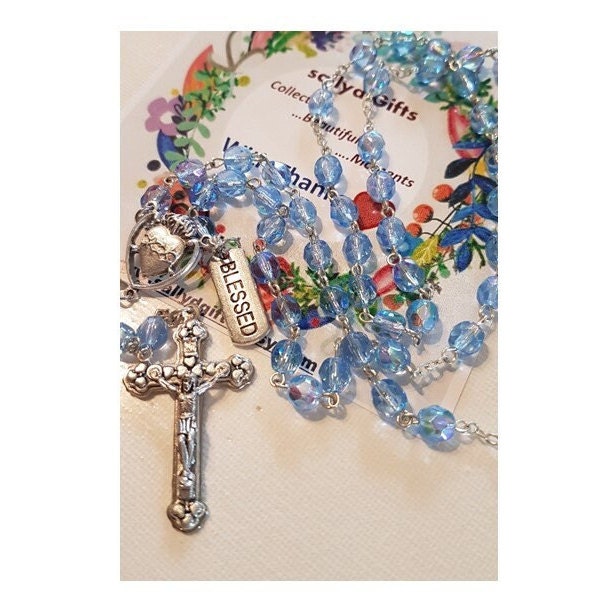 December Birthstone Rosary, Zircon Prayer Beads, Marine Blue Rosary with Birthstone Quality and How to Pray the Rosary Booklet Set, Birthday