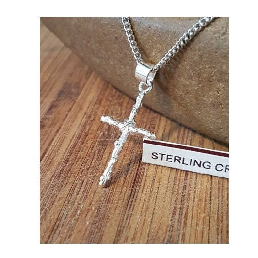 Sterling Cross Pendant, Boys Cross Necklace, Crown Of Thorns Medal, Men Rugged Sterling Cross, Graduation Gift Ideas, Confirmation Jewelry
