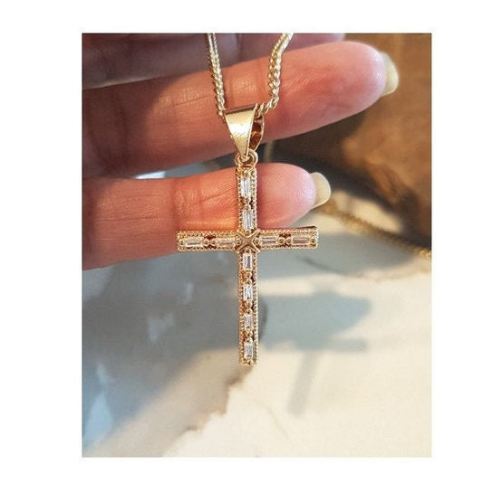 Baguette Cut Gold Filled Cross Pendant,18K Gold Filled Cubic Zirconia Cross Necklace, Ladies Clear Crystal Cross Medal , Stunning Gold