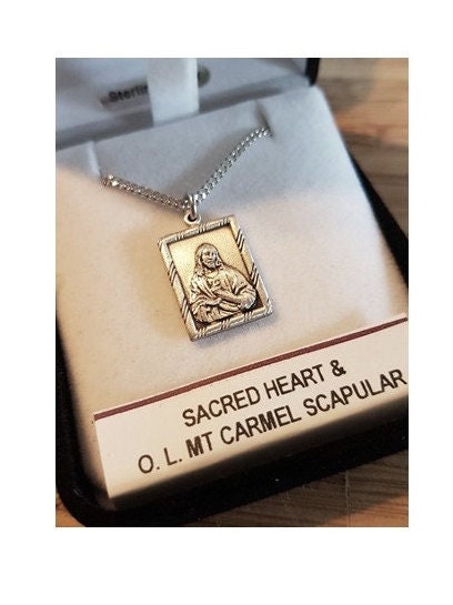 Scapular Medal Sterling Silver, Sterling Sacred Heart Pendant, Our Lady of Mt Carmel Pendant, Double sided scapular Necklace, Religious Gift