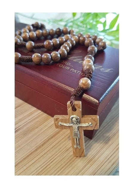 Wood Beads Corded Rosary, Rosary Necklace To wear, Non Tarnish Rosary, Wooden Cross, Men Brown Rosary,  Adult Wood Rosary, Adjustable knot