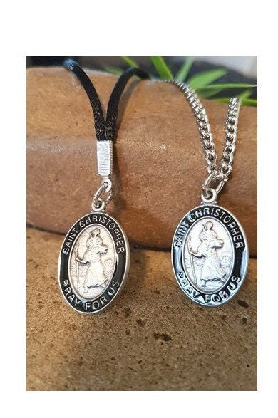 St Christopher Necklace with Prayer Card * Choose Cord or Silver Chain * / St Christopher Black Enamel Pewter Necklace with Prayer Card