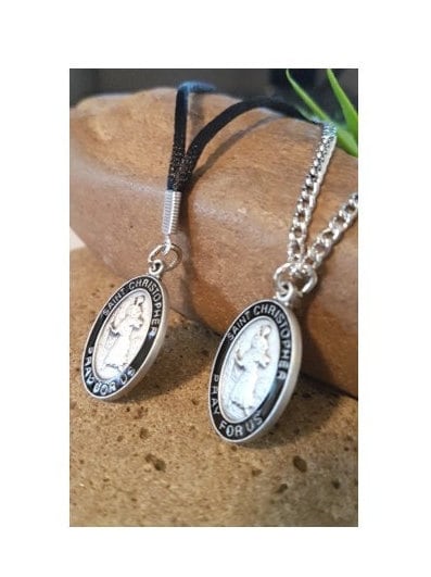 St Christopher Necklace with Prayer Card * Choose Cord or Silver Chain * / St Christopher Black Enamel Pewter Necklace with Prayer Card