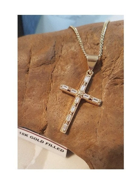 Baguette Cut Gold Filled Cross Pendant,18K Gold Filled Cubic Zirconia Cross Necklace, Ladies Clear Crystal Cross Medal , Stunning Gold