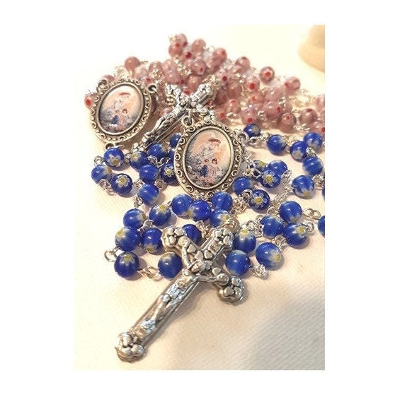 Guardian Angel Rosary, Murano Glass Rosary, Angel With Children, Blue Floral Murano Glass Rosary, Pink Murano Prayer Beads, First Communion